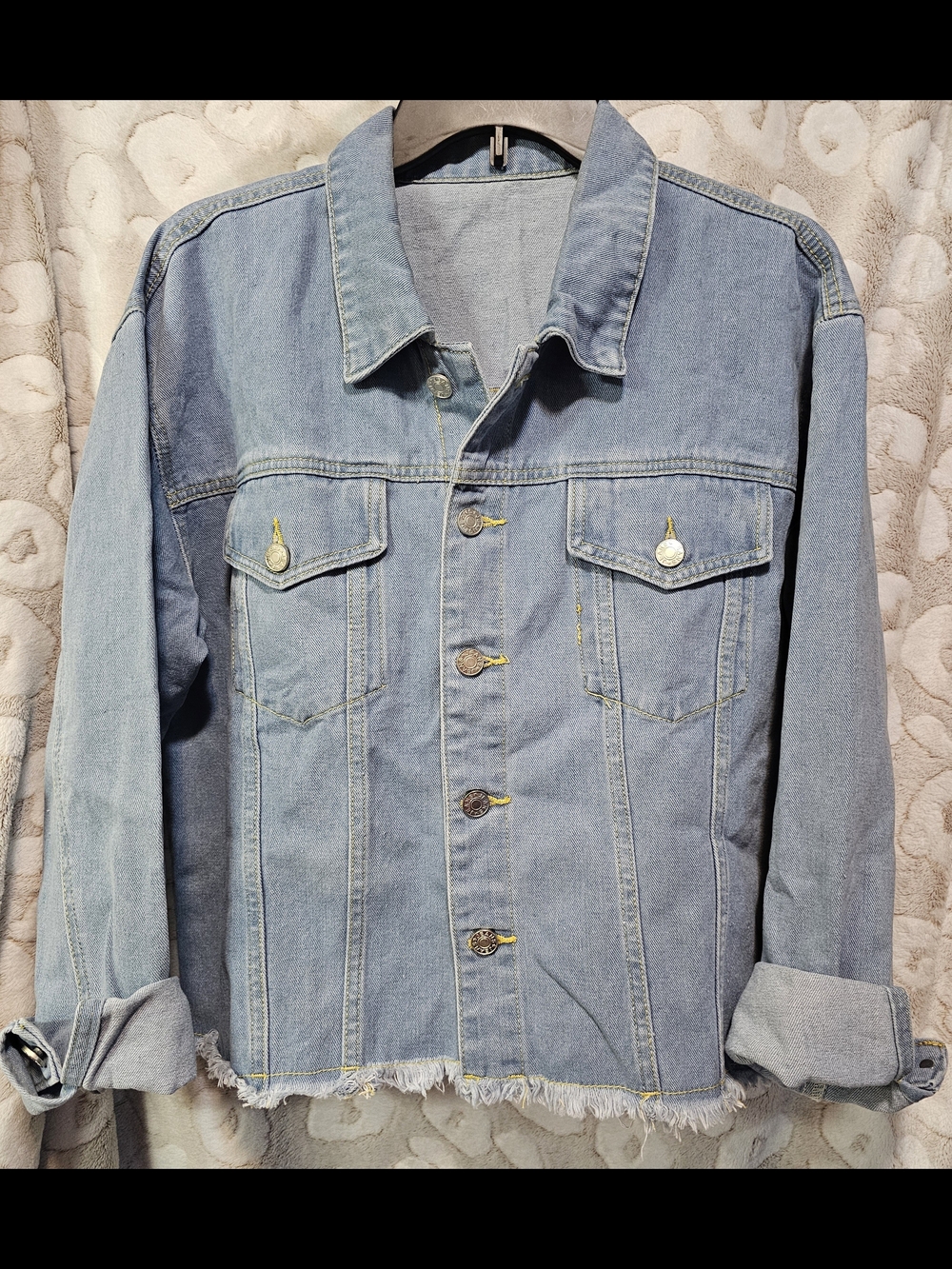 Women's Light Blue Denim Jean Jacket with Frayed Hem